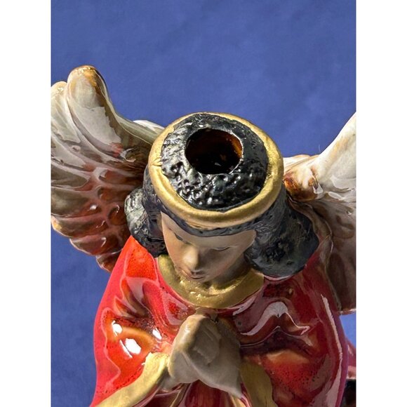 Hand-Painted Red Ceramic Angel Candle Holder W/Star & Gold Accents Religious - Picture 2 of 11